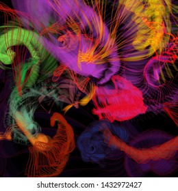 Vector illustration of a colorful wireframe structure formed by the interweaving of smoothly curved lines. A complex plexus backdrop resembling a fractal pattern. Crazy art concept.