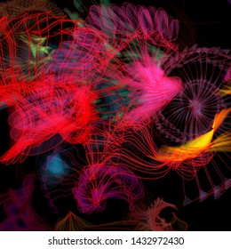 Vector illustration of a colorful wireframe structure formed by the interweaving of smoothly curved lines. A complex plexus backdrop resembling a fractal pattern. Crazy art concept.