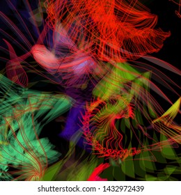 Vector illustration of a colorful wireframe structure formed by the interweaving of smoothly curved lines. A complex plexus backdrop resembling a fractal pattern. Crazy art concept.