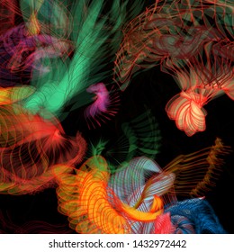 Vector illustration of a colorful wireframe structure formed by the interweaving of smoothly curved lines. A complex plexus backdrop resembling a fractal pattern. Crazy art concept.