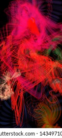 Vector illustration of a colorful wireframe structure formed by the interweaving of smoothly curved lines. A complex plexus backdrop resembling a fractal pattern. Crazy art of a multicolored explosion