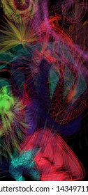 Vector illustration of a colorful wireframe structure formed by the interweaving of smoothly curved lines. A complex plexus backdrop resembling a fractal pattern. Crazy art of a multicolored explosion