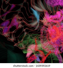 Vector illustration of a colorful wireframe structure formed by the interweaving of smoothly curved lines. A complex plexus backdrop resembling a fractal pattern. Crazy art concept.