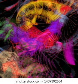 Vector illustration of a colorful wireframe structure formed by the interweaving of smoothly curved lines. A complex plexus backdrop resembling a fractal pattern. Crazy art concept.