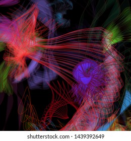 Vector illustration of a colorful wireframe structure formed by the interweaving of smoothly curved lines. A complex plexus backdrop resembling a fractal pattern. Crazy art concept.
