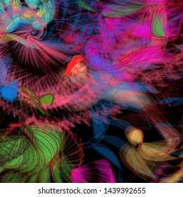 Vector illustration of a colorful wireframe structure formed by the interweaving of smoothly curved lines. A complex plexus backdrop resembling a fractal pattern. Crazy art concept.