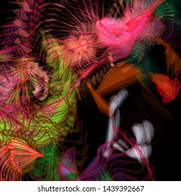 Vector illustration of a colorful wireframe structure formed by the interweaving of smoothly curved lines. A complex plexus backdrop resembling a fractal pattern. Crazy art concept.