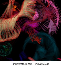 Vector illustration of a colorful wireframe structure formed by the interweaving of smoothly curved lines. A complex plexus backdrop resembling a fractal pattern. Crazy art concept.