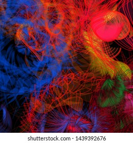 Vector illustration of a colorful wireframe structure formed by the interweaving of smoothly curved lines. A complex plexus backdrop resembling a fractal pattern. Crazy art concept.