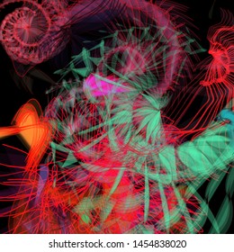 Vector illustration of a colorful wireframe structure formed by the interweaving of smoothly curved lines. A complex plexus backdrop resembling a fractal pattern. Crazy art concept.