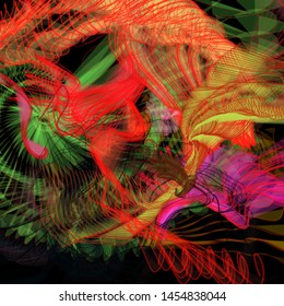 Vector illustration of a colorful wireframe structure formed by the interweaving of smoothly curved lines. A complex plexus backdrop resembling a fractal pattern. Crazy art concept.