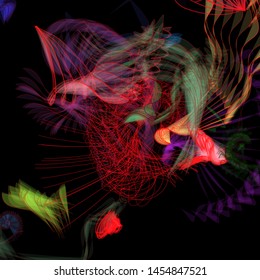 Vector illustration of a colorful wireframe structure formed by the interweaving of smoothly curved lines. A complex plexus backdrop resembling a fractal pattern. Crazy art concept.