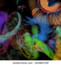 Vector illustration of a colorful wireframe structure formed by the interweaving of smoothly curved lines. A complex plexus backdrop resembling a fractal pattern. Crazy art concept.