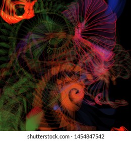 Vector illustration of a colorful wireframe structure formed by the interweaving of smoothly curved lines. A complex plexus backdrop resembling a fractal pattern. Crazy art concept.