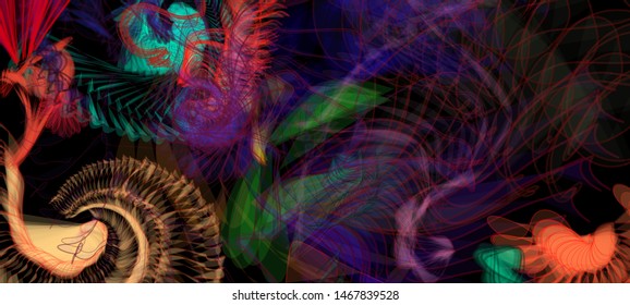 Vector illustration of a colorful wireframe structure formed by the interweaving of smoothly curved lines. A complex plexus backdrop resembling a surrealistic pattern. Crazy art concept.