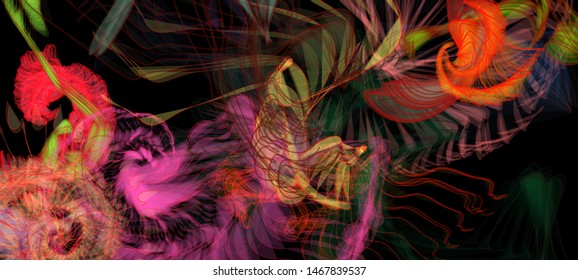 Vector illustration of a colorful wireframe structure formed by the interweaving of smoothly curved lines. A complex plexus backdrop resembling a surrealistic pattern. Crazy art concept.