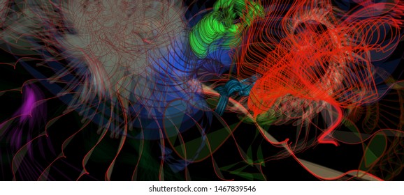 Vector illustration of a colorful wireframe structure formed by the interweaving of smoothly curved lines. A complex plexus backdrop resembling a surrealistic pattern. Crazy art concept.