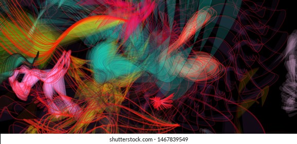 Vector illustration of a colorful wireframe structure formed by the interweaving of smoothly curved lines. A complex plexus backdrop resembling a surrealistic pattern. Crazy art concept.