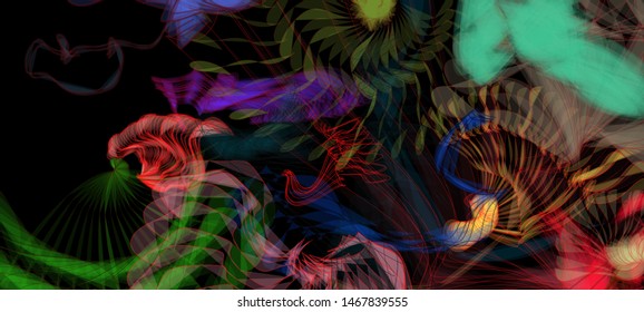 Vector illustration of a colorful wireframe structure formed by the interweaving of smoothly curved lines. A complex plexus backdrop resembling a surrealistic pattern. Crazy art concept.