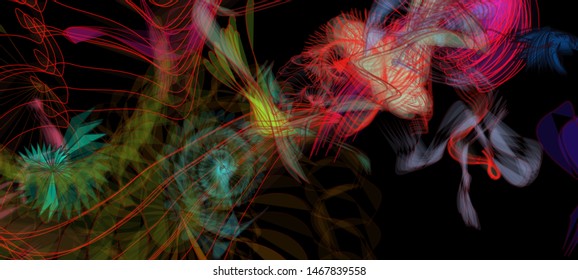 Vector illustration of a colorful wireframe structure formed by the interweaving of smoothly curved lines. A complex plexus backdrop resembling a surrealistic pattern. Crazy art concept.