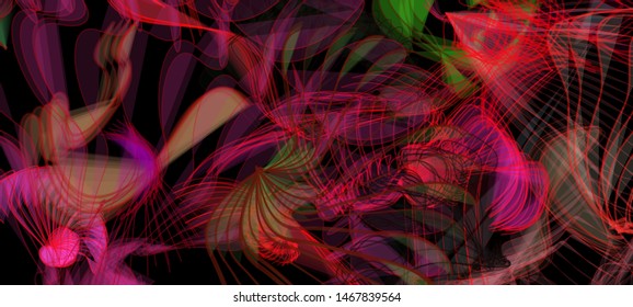 Vector illustration of a colorful wireframe structure formed by the interweaving of smoothly curved lines. A complex plexus backdrop resembling a surrealistic pattern. Crazy art concept.