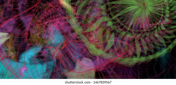 Vector illustration of a colorful wireframe structure formed by the interweaving of smoothly curved lines. A complex plexus backdrop resembling a surrealistic pattern. Crazy art concept.
