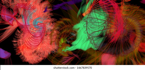 Vector illustration of a colorful wireframe structure formed by the interweaving of smoothly curved lines. A complex plexus backdrop resembling a surrealistic pattern. Crazy art concept.