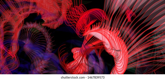 Vector illustration of a colorful wireframe structure formed by the interweaving of smoothly curved lines. A complex plexus backdrop resembling a surrealistic pattern. Crazy art concept.