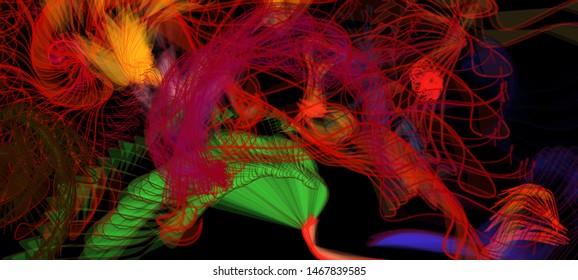 Vector illustration of a colorful wireframe structure formed by the interweaving of smoothly curved lines. A complex plexus backdrop resembling a surrealistic pattern. Crazy art concept.