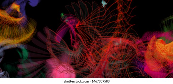 Vector illustration of a colorful wireframe structure formed by the interweaving of smoothly curved lines. A complex plexus backdrop resembling a surrealistic pattern. Crazy art concept.