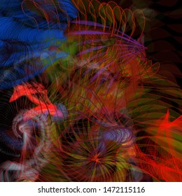 Vector illustration of a colorful wireframe structure formed by the interweaving of smoothly curved lines. A complex plexus backdrop resembling a fractal pattern. Crazy art concept.