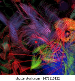 Vector illustration of a colorful wireframe structure formed by the interweaving of smoothly curved lines. A complex plexus backdrop resembling a fractal pattern. Crazy art concept.