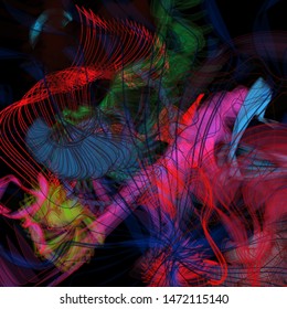 Vector illustration of a colorful wireframe structure formed by the interweaving of smoothly curved lines. A complex plexus backdrop resembling a fractal pattern. Crazy art concept.