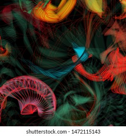 Vector illustration of a colorful wireframe structure formed by the interweaving of smoothly curved lines. A complex plexus backdrop resembling a fractal pattern. Crazy art concept.
