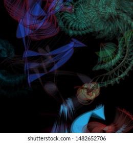 Vector illustration of a colorful wireframe structure formed by the interweaving of smoothly curved lines. A complex plexus backdrop resembling a fractal pattern. Crazy art concept.