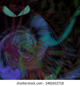 Vector illustration of a colorful wireframe structure formed by the interweaving of smoothly curved lines. A complex plexus backdrop resembling a fractal pattern. Crazy art concept.