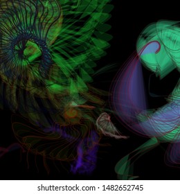 Vector illustration of a colorful wireframe structure formed by the interweaving of smoothly curved lines. A complex plexus backdrop resembling a fractal pattern. Crazy art concept.