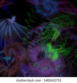 Vector illustration of a colorful wireframe structure formed by the interweaving of smoothly curved lines. A complex plexus backdrop resembling a fractal pattern. Crazy art concept.