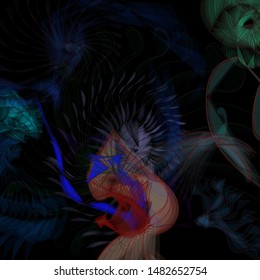 Vector illustration of a colorful wireframe structure formed by the interweaving of smoothly curved lines. A complex plexus backdrop resembling a fractal pattern. Crazy art concept.