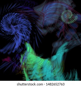 Vector illustration of a colorful wireframe structure formed by the interweaving of smoothly curved lines. A complex plexus backdrop resembling a fractal pattern. Crazy art concept.