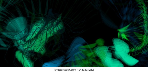 Vector illustration of a colorful wireframe structure formed by the interweaving of smoothly curved lines. A complex plexus backdrop resembling a surrealistic pattern. Strange dynamic scene.
