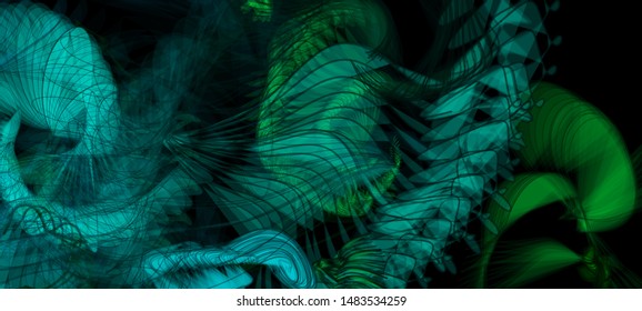 Vector illustration of a colorful wireframe structure formed by the interweaving of smoothly curved lines. A complex plexus backdrop resembling a surrealistic pattern. Strange dynamic scene.