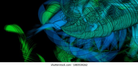 Vector illustration of a colorful wireframe structure formed by the interweaving of smoothly curved lines. A complex plexus backdrop resembling a surrealistic pattern. Strange dynamic scene.