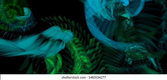 Vector illustration of a colorful wireframe structure formed by the interweaving of smoothly curved lines. A complex plexus backdrop resembling a surrealistic pattern. Strange dynamic scene.