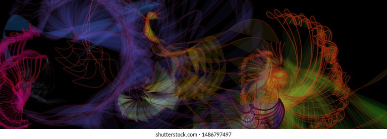 Vector illustration of a colorful wireframe structure formed by the interweaving of smoothly curved lines. A complex plexus backdrop resembling a surrealistic pattern. Crazy art concept.