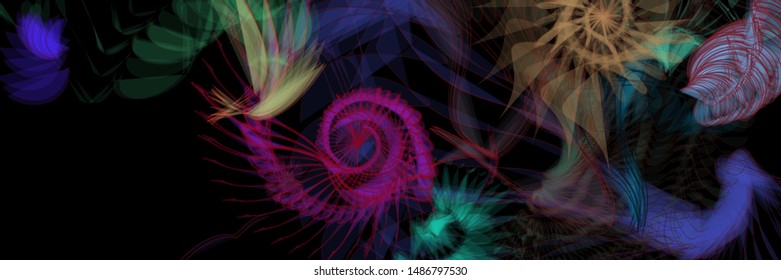 Vector illustration of a colorful wireframe structure formed by the interweaving of smoothly curved lines. A complex plexus backdrop resembling a surrealistic pattern. Crazy art concept.