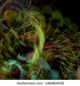 Vector illustration of a colorful wireframe structure formed by the interweaving of smoothly curved lines. A complex plexus backdrop resembling a surrealistic pattern. Strange dynamic scene.