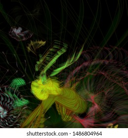 Vector illustration of a colorful wireframe structure formed by the interweaving of smoothly curved lines. A complex plexus backdrop resembling a surrealistic pattern. Strange dynamic scene.