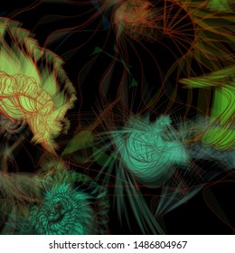 Vector illustration of a colorful wireframe structure formed by the interweaving of smoothly curved lines. A complex plexus backdrop resembling a surrealistic pattern. Strange dynamic scene.