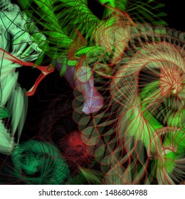Vector illustration of a colorful wireframe structure formed by the interweaving of smoothly curved lines. A complex plexus backdrop resembling a surrealistic pattern. Strange dynamic scene.